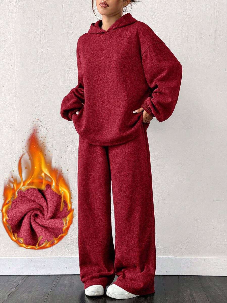 SHEIN EZwear Bộ 2 áo nỉ len dệt kim lót nhiệt cỡ lớn màu đỏ và quần dài ống rộng - Màu Hoa hồng đỏ - Xem 1