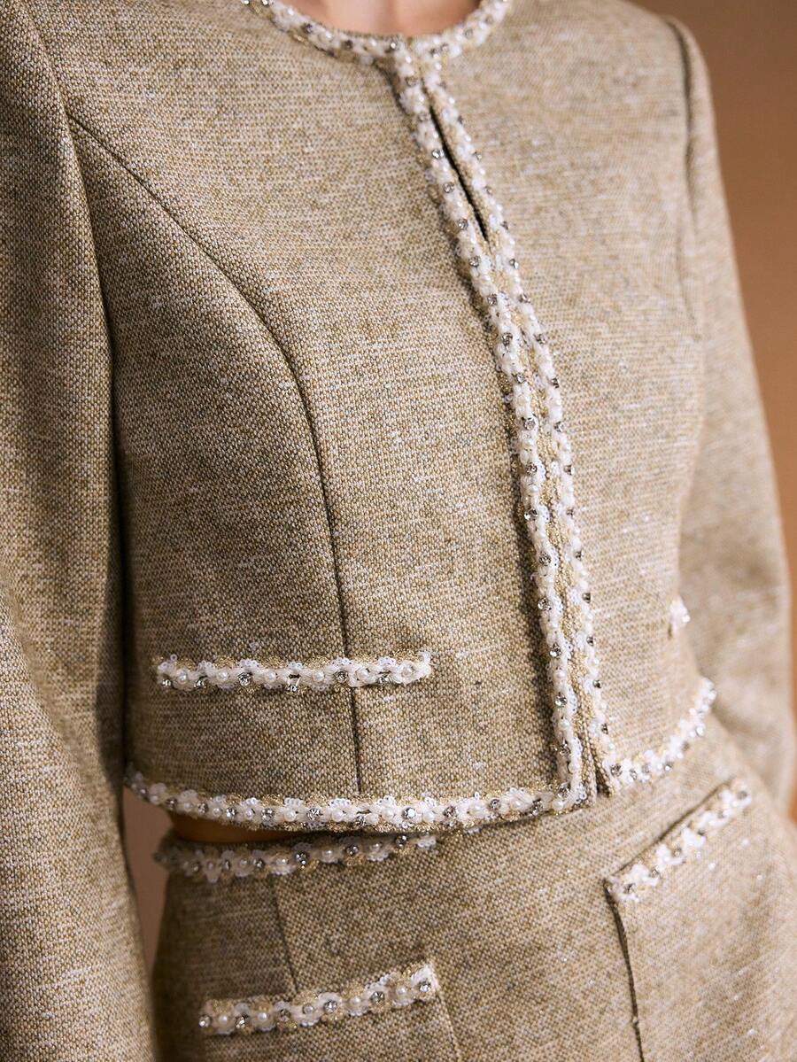 MOTF PREMIUM 秋冬羊毛撞色绑带大衣 - 卡其色 - 查看 2