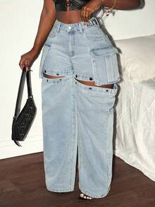 Slaydiva Plus Size Denim 2-In-1 Detachable Wide-Leg Pants,Fall Clothes For Women - Blue - View 1