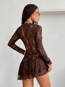 Coolane 女士秋冬街头服饰复古外出狂欢装休闲波西米亚西部风 Y2K 蕾丝棕色 V 领长袖迷你荷叶边连衣裙 - 棕色 - 查看 7