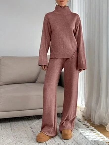 SHEIN Tall Women Relaxed Fit Turtle-Neck Sweater With Rib Knit Detailed And Straight Knit Pant Set, Tall Women - Dusty Pink - View 6
