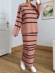 EURMUSE Women Stripe Pattern Collar Neck Drop Shoulder Pullover & Sweater Skirt Set - Dusty Pink - View 5