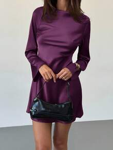 Aloruh 女式优雅纯色露背喇叭袖迷你连衣裙，秋季 - 紫色 - 查看 5