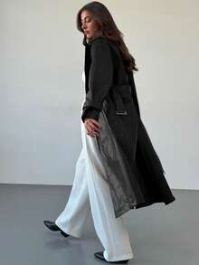 Aloruh 勃艮第酒红色 PU 皮革长款夹克，现代女性街头服饰，秋冬 - 黑色 - 查看 2