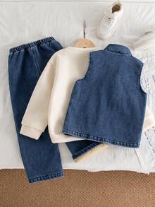 Genkimix Kids 3 件套年轻男孩秋季新款 2025 服装，圆领长袖英伦印花运动衫，拉链牛仔背心，牛仔保暖内衬裤，简约时尚街头休闲 3 件套 - 彩色 - 查看 2