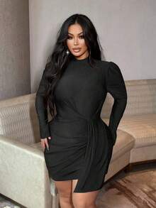 SHEIN LUNE Plus Size Women's Dress, Waist Cinching, Bodycon, Multi-Button Design, Turtleneck, Sexy Party Black Mini Dress, Elegant Women's Dress - Black - View 3