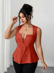 Elenzga Plus Size Women's Elegant Sleeveless Shirt, Sweetheart Neck Double-Breasted Closure, Slim Fit, Suitable For Work And Commute, Summer - Red - View 3
