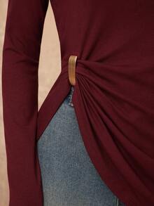 Lumalex VITNOS 酒红色不对称下摆T恤，秋季新款女装，假日度假T恤，秋冬休闲风，时尚秋季单品，派对造型，奢华质感，秋冬新年必备，大地色系，优雅法式风情，舒适T恤，周末休闲，秋季职场穿搭，今秋时尚之选，适合约会、外出、夜生活、婚礼、假日、度假、生日、工作和通勤等各种场合。 - 酒紅色 - 查看 3