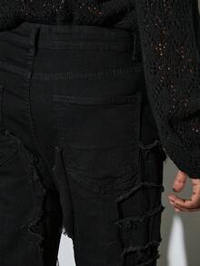 Modcrash Jeans ajustados con parches elásticos, estilo de gato con bigotes, desgastados, con vuelo, estilo emo para primavera a verano - Negro - Ver 4