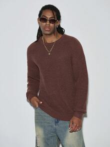 Modcrash 男女皆宜的宽松版型串珠图案休闲学院风套头毛衣，圆领，长袖落肩设计，简约风格，秋冬季保暖。 - 棕色 - 查看 6