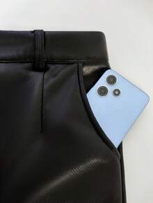 GlowEve Women's Autumn/Winter Faux PU Leather Splicing Flared Pants With Metal Buttons