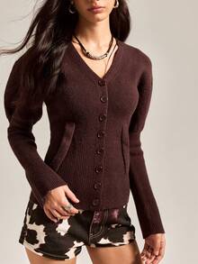 Easelle Maglione casual con bottoni davanti, colore marrone caffè, adatto per autunno/inverno - Caffè Marrone - Visualizzare 7