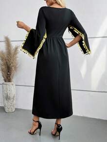 SHEIN Elegant Muslim Women's A-Line Maxi Dress With Cinched Waist And Gold Accents - Black - View 2