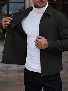 Manfinity Homme Men's Casual Solid Color Zip-Up Collar Long Sleeve Overcoat - Black - View 6