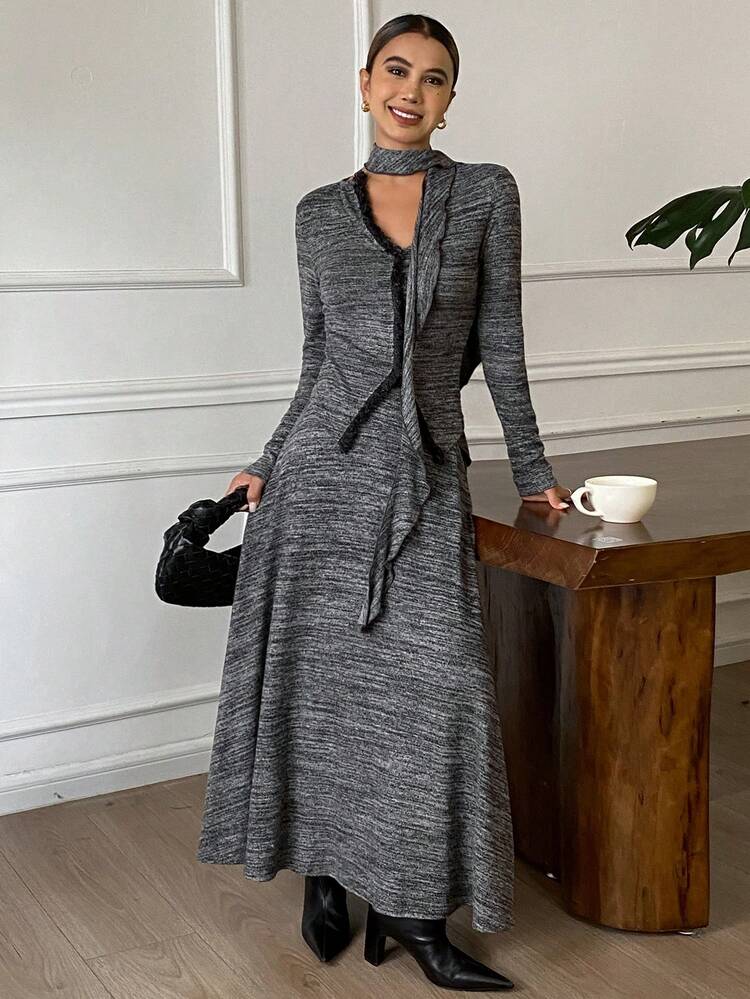 2pcs Women Fitted V-Neck Long Sleeve Top And A-Line Long Skirt Casual Vacation Outfit Set, Autumn/Winter