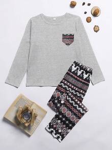 2pcs/Set Girls Casual Graphic Print Long Sleeve Top And Pants Pajama Set - Grey - View 1