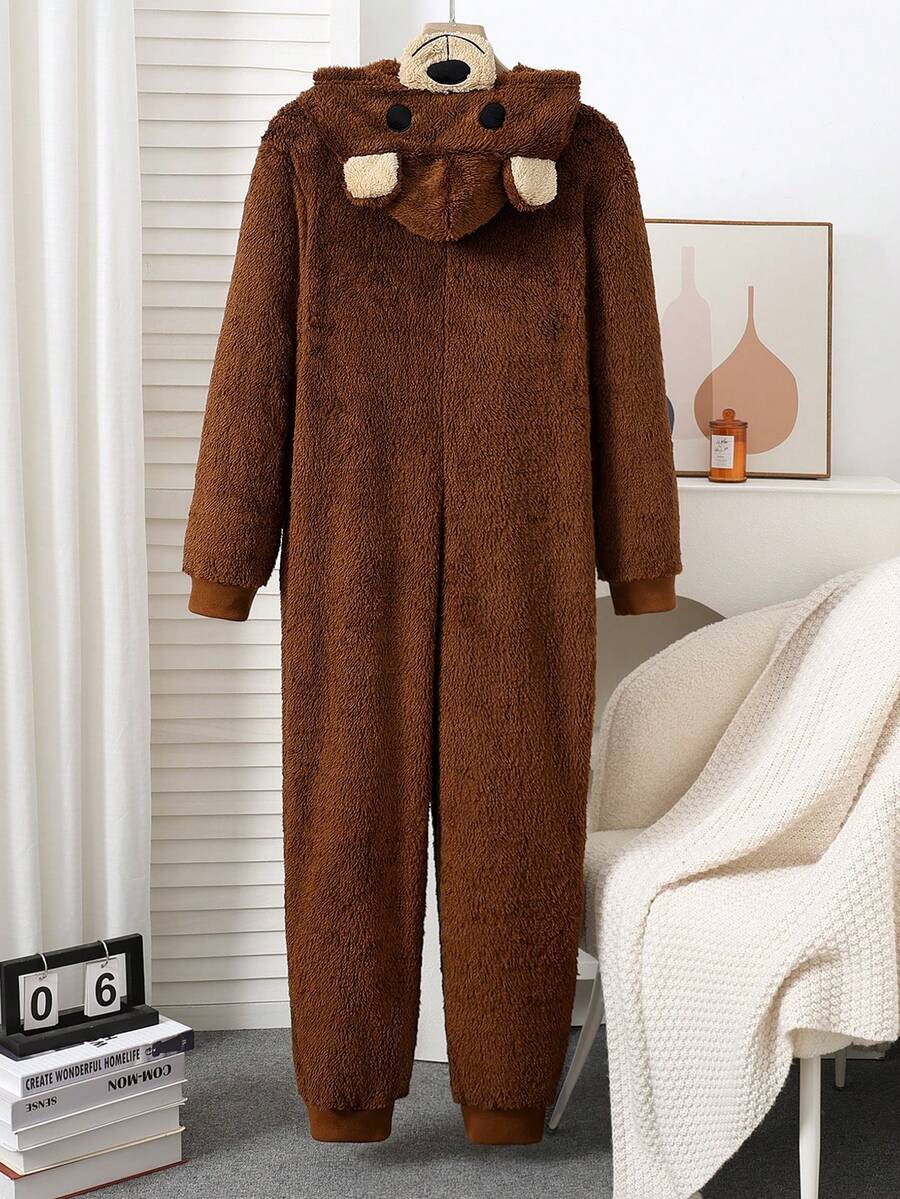 女士米色毛绒趣味动物眼睛和鼻子刺绣连帽连体衣，冬季 - 咖啡棕 - 查看 1