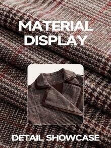 Anewsta 女士新款格子优雅休闲夹克，PU拼接长款外套，秋冬时尚外套 - 咖啡棕 - 查看 6