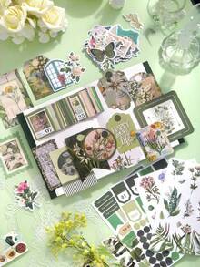 180 件 A6 尺寸纸张和 PET 材料剪贴簿用品套件，带有复古植物主题，包括花朵、蝴蝶、植物，适用于日记文具装饰和纸贴纸便笺簿网格笔记本工艺爱好者初学者子弹日记美学设计艺术 DIY 项目 - 綠色 - 查看 4