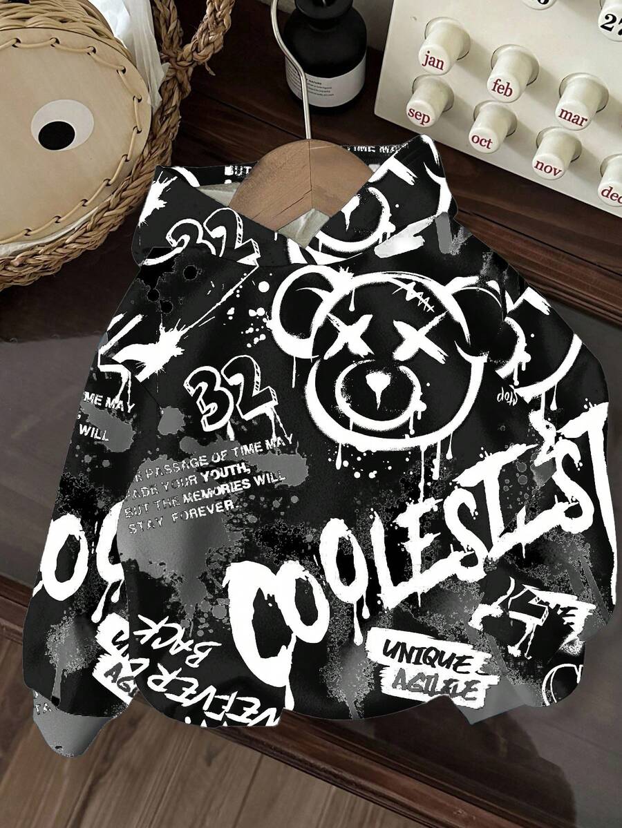 Moletom infantil masculino de malha macia e confortável, estilo casual minimalista, com estampa de rostinho fofo, console de videogame, moda urbana, esportivo e casual, com estampa de grafite. Ideal para outono/inverno. - Multicolorido - Ver 1