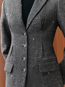 Anewsta Abrigo largo de mujer vintage de espiguilla gris con bordado de lentejuelas, de una sola hilera, con cintura ceñida, adecuado para otoño, invierno, salir, elegante, formal, fiesta, chic, Año Nuevo, Navidad, trabajo