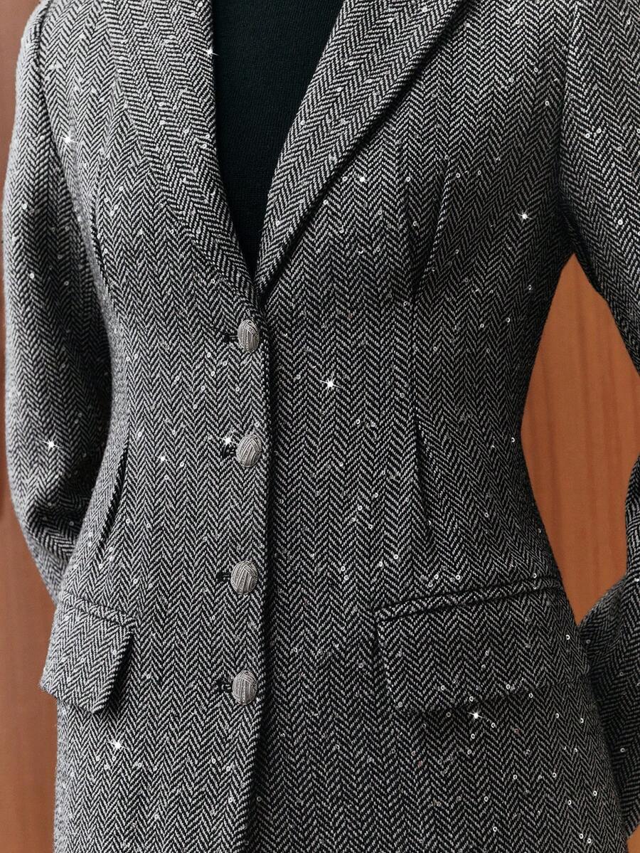 Anewsta Abrigo largo de mujer vintage de espiguilla gris con bordado de lentejuelas, de una sola hilera, con cintura ceñida, adecuado para otoño, invierno, salir, elegante, formal, fiesta, chic, Año Nuevo, Navidad, trabajo