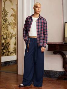 SWAVVY 男士纯色褶皱口袋休闲阔腿裤 - 藏蓝色 - 查看 5