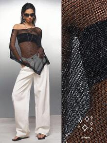 LYSMO Áo choàng cổ bất đối xứng màu trơn dành cho nữ - màu đen - Xem 3