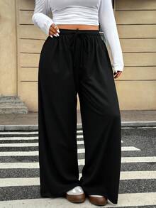 SHEIN EZwear 大码女式纯色抽绳腰阔腿宽松休闲裤，适合夏季 - 黑色 - 查看 1