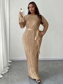 Maweii Đầm Maxi Cổ Tròn Tay Dài Buộc Eo Màu Trơn Cỡ Lớn Trang Phục Thường Ngày Tối Giản Cho Nữ - Màu Khaki - Xem 3