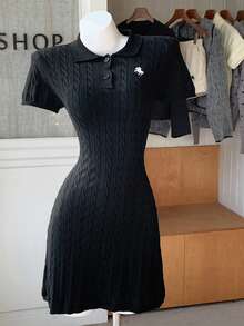 Comfortcana Women's Casual Commuting Embroidered Polo Collar Cable Knit Sweater Dress, Autumn/Winter Goth Goth - Black - View 5