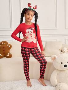 青少年女孩圣诞姜饼图案针织套头衫和休闲裤两件套，节日休闲家居服