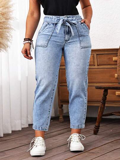 SHEIN CURVE+ Jeans casuales de talle alto con bolsillos y nudo en la cintura para mujeres talla grande en otoño e invierno