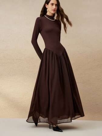 Cévolie 女式复古优雅咖啡棕色针织拼布雪纺 3D 花卉 A 字长袖连衣裙，春/秋