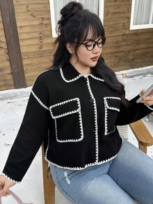 SHEIN EZwear Große Größen Farbblock Taschen Lässig Tweed Jacke, Herbst/Winter - Schwarz und Weiss - Übersicht 3