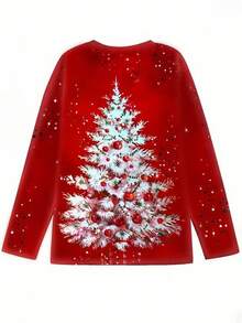 EMERY ROSE 女士节日圣诞树印花长袖 T 恤，圆领，休闲风格，涤纶针织面料，常规版型，四季皆宜 - 彩色 - 查看 2