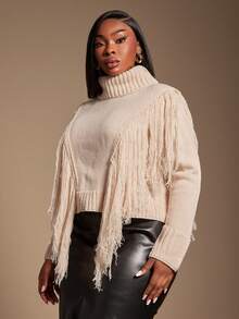 SHEIN SXY Plus Size Women's New Arrival Autumn/Winter Pullover Sweater With Tassel Decor High Neck - Apricot - View 7