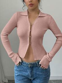Selianne 女式秋冬翻领喇叭袖修身罗纹针织开衫 - 粉色 - 查看 3