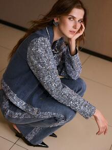 MOTF PREMIUM WOMEN'S SEQUIN PATCHWORK LONG SLEEVE DENIM JACKET, AUTUMN/WINTER - Blue - View 5