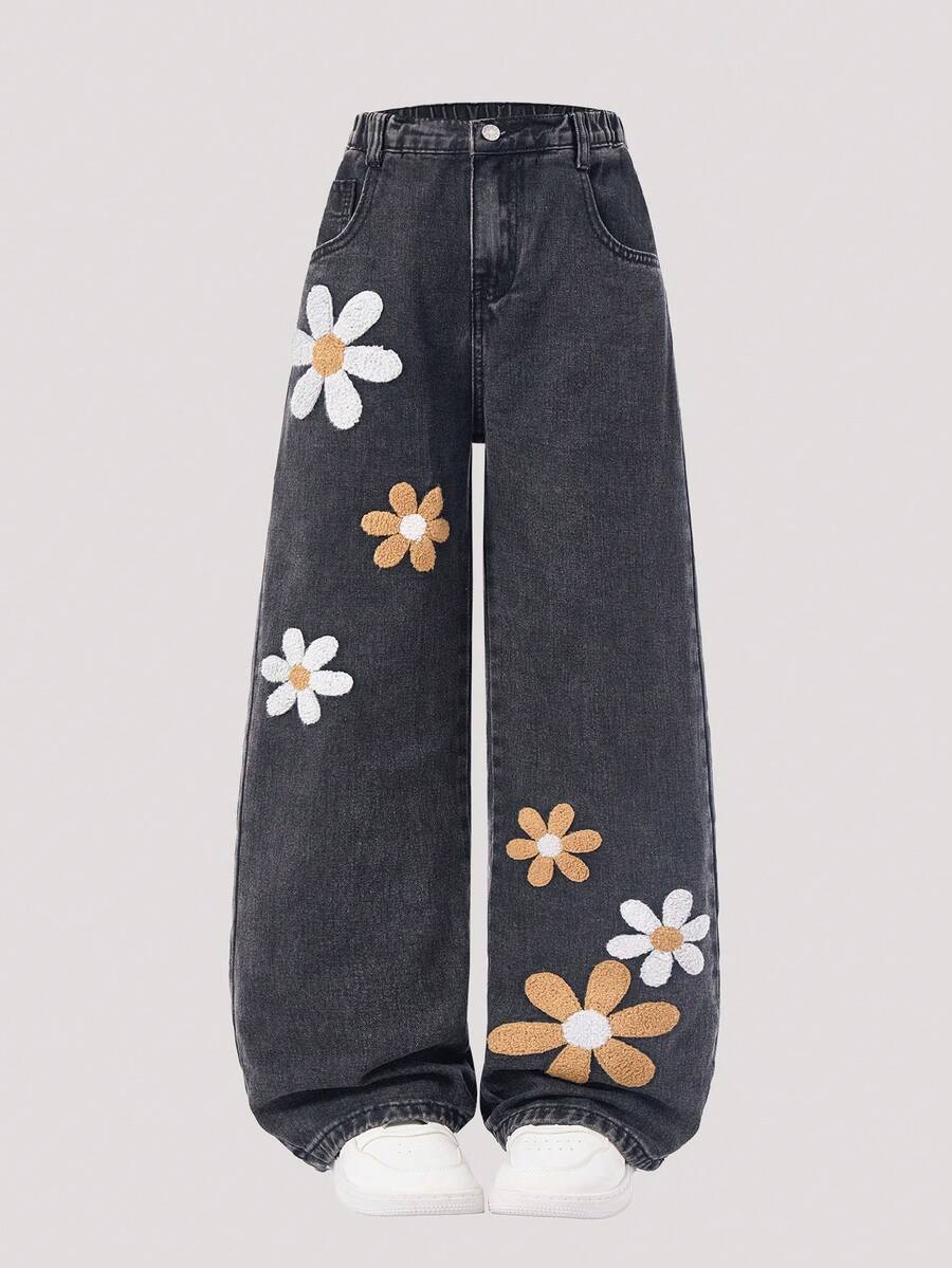 SHEIN ChillGRL Teen Girls Dark Blue Summer Cute Holiday Back-To-School Y2K Bohemian Floral Pullover Sweater And Embroidered Loose Wide Leg Jean Pants Set, - Grey - View 1