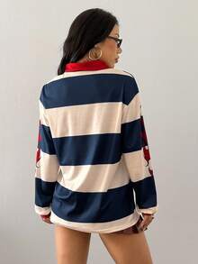 Coolane Women's Fall/Winter Cool Going Out Streetwear Y2K Striped Graphics Sport Loose Long Sleeve Polo T-Shirt - Navy Blue - View 2