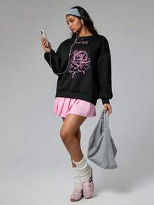 Gameset SHEIN Sport 女式宽松圆领长袖玫瑰印花休闲运动衫女式套头衫黑色运动衫玫瑰印花运动衫女式运动衫女式图案运动衫 - 黑色 - 查看 5