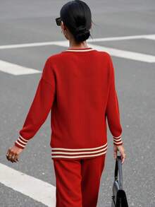 Franclia Women's Autumn And Winter Sweater, Christmas Red Business Casual Women's Polo Collar Button Long-Sleeved Pullover Top, Fitted Top Paired With Straight Loose Ribbed Trousers, Soft Knit Two-Piece Set For Commuting, Women's New Year's Clothing, Women's Winter Suit. - Red - View 2