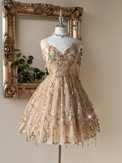 SHEIN Belle Vestido elegante y hermoso con tirantes de lentejuelas doradas, espalda descubierta con cordones, línea A y manga abullonada para mujer. Ideal para graduación, fiestas, cócteles, bailes de promoción, bodas y otras ocasiones especiales como cumpleaños, San Valentín, etc.