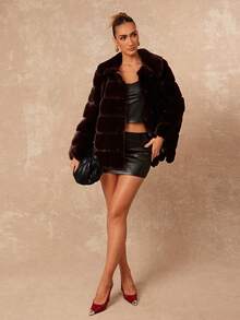 Lumalex حزام خصر كبير مزخرف بخطوط من فرو الأرنب الاصطناعي، معطف فرو اصطناعي مشدود الخصر للنساء