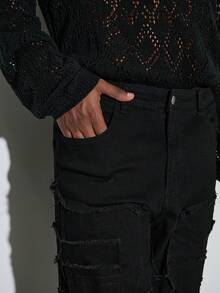 Modcrash Jeans ajustados con parches elásticos, estilo de gato con bigotes, desgastados, con vuelo, estilo emo para primavera a verano - Negro - Ver 7