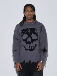 Modcrash ANDREILEE Men Skull Graphic Distressed Fringes Crew Neck Casual Sweater, Emo, For Halloween - Grey - View 2