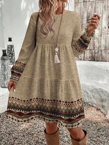 EMERY ROSE Gaun Panjang Sedang Wanita Warna Khaki Gaya Boho Musim Gugur, Motif Cetak Retro Bunga Elegan, Nyaman, Serbaguna, dan Chic untuk Liburan, Jalan-jalan, Kencan, dan Pesta - MultiWarna - View 6