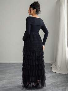 Momance Elegant Twist Knot Off-Shoulder Asymmetric Ruffle Hem Maternity Dress - Black - View 3