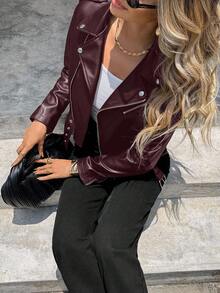 SHEIN Essnce Kurtka ze skóry PU z wycięciem pod szyją, zamkiem błyskawicznym z przodu i paskiem na jesień/zimę